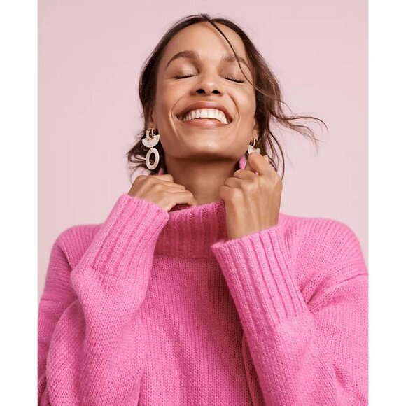 ANN TAYLOR Mock Neck Pullover Sweater S Bright Pink Ribbed Knit Relaxed Fit - Picture 3 of 9